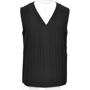 CHANEL Blouse Black Silk Sleeveless Top Shirt Pleats V-Neck Buttons Sz 36